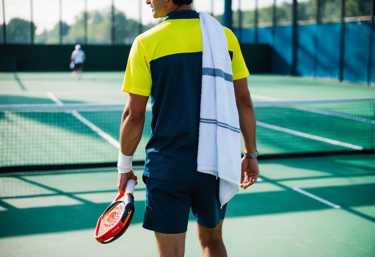 En spiller på en padel tennisbane der holder et håndklæde